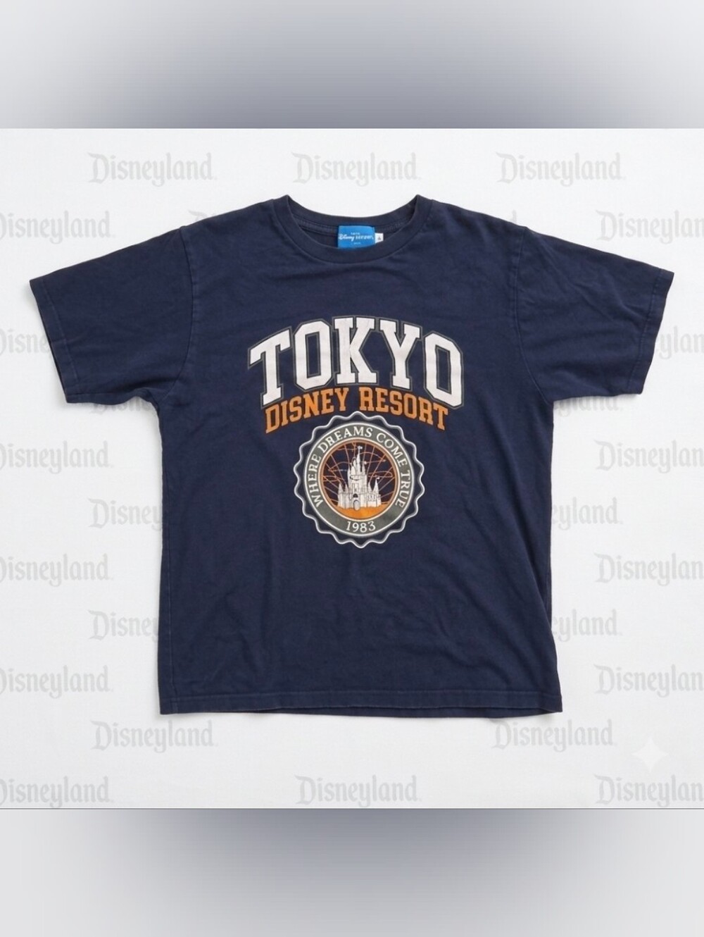 Tokyo Disney "1983" Resort Navy Cotton Varsity Text Crewneck Tee Castle Emblem M